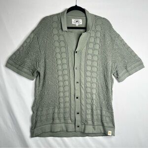 Free Planet Mens Sage Green Crochet Button Down Short Sleeve Shirt Sz XL Golf